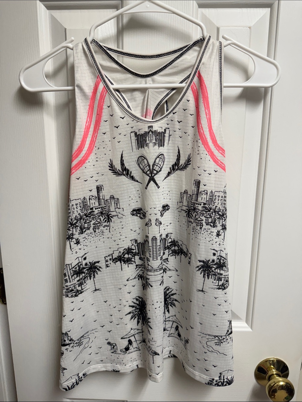 Lucky in Love White Racerback Tank with Pink Accent Stripes